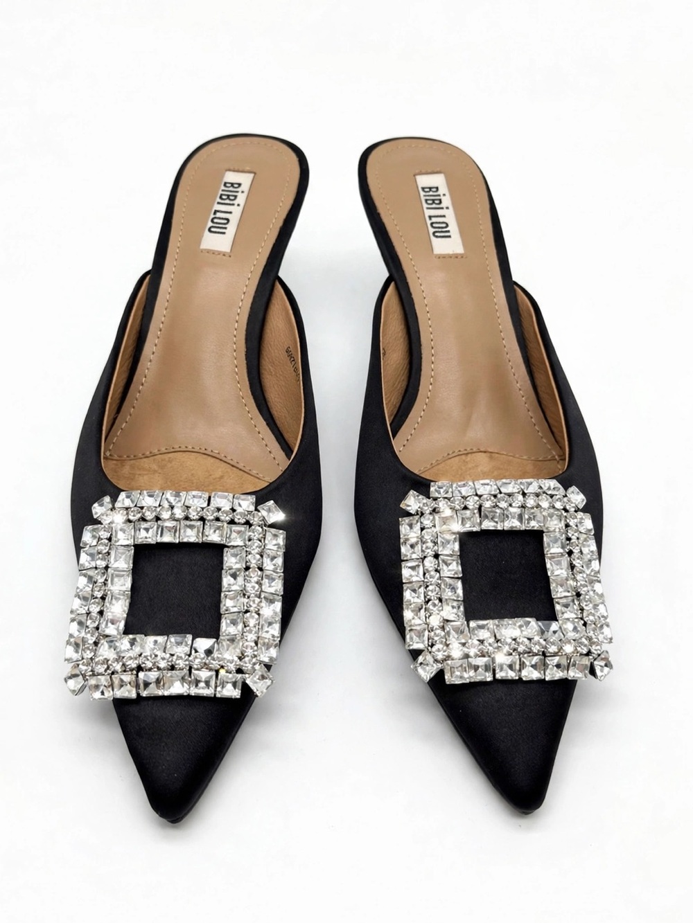 Bibi Lou x Anthropologie Aoi Black Satin Crystal Buckle Mules EU 39